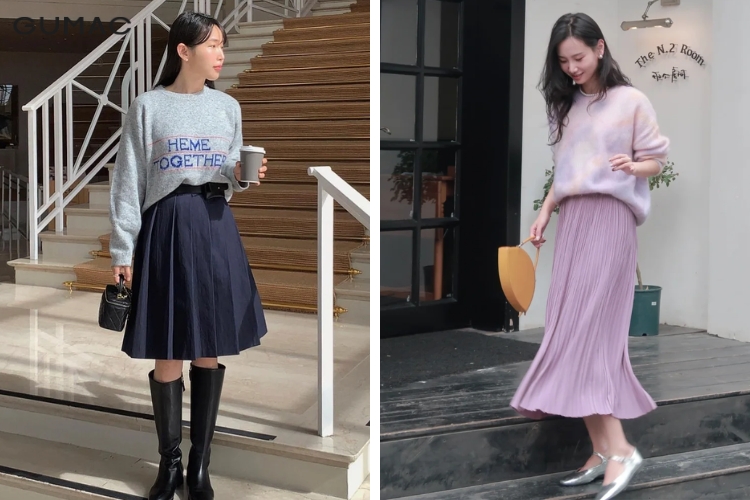 Mặc váy rời kiểu dập ly với áo len ấm áp